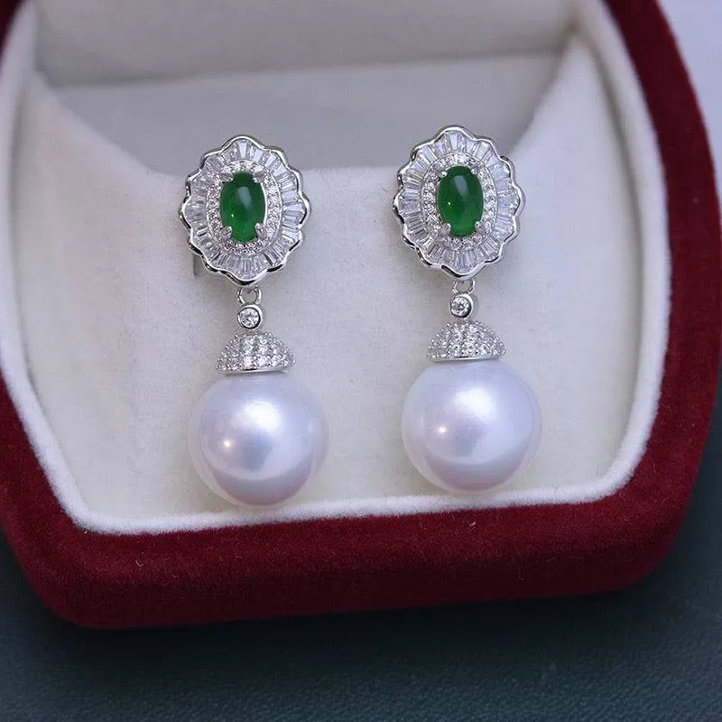 11-12mm Pearl CZ Green Gems Earrings